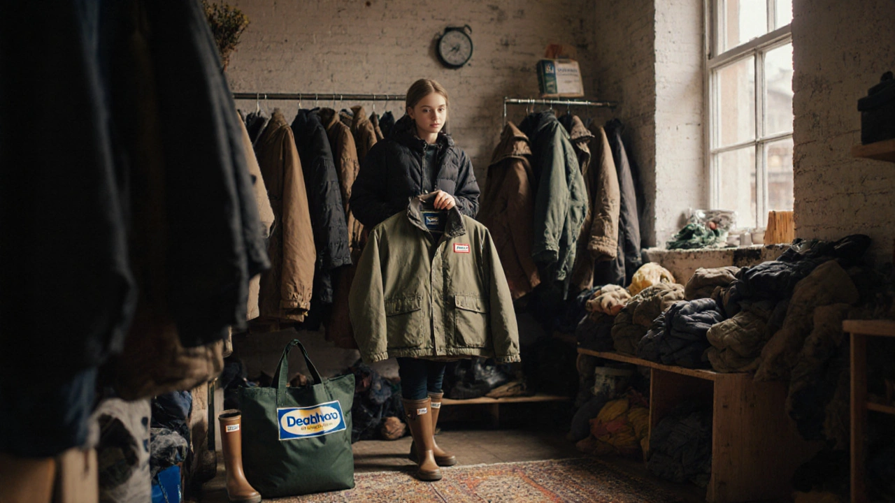 Student selecting secondhand waterproof jacket and boots at a UK charity shop