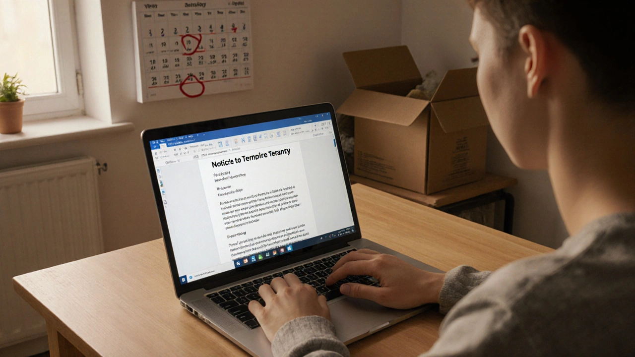 Student sending a formal tenancy termination notice via laptop at a kitchen table.