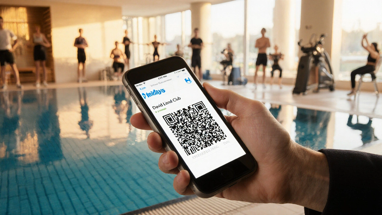 Student showing Unidays code at gym front desk with pool and sauna in background