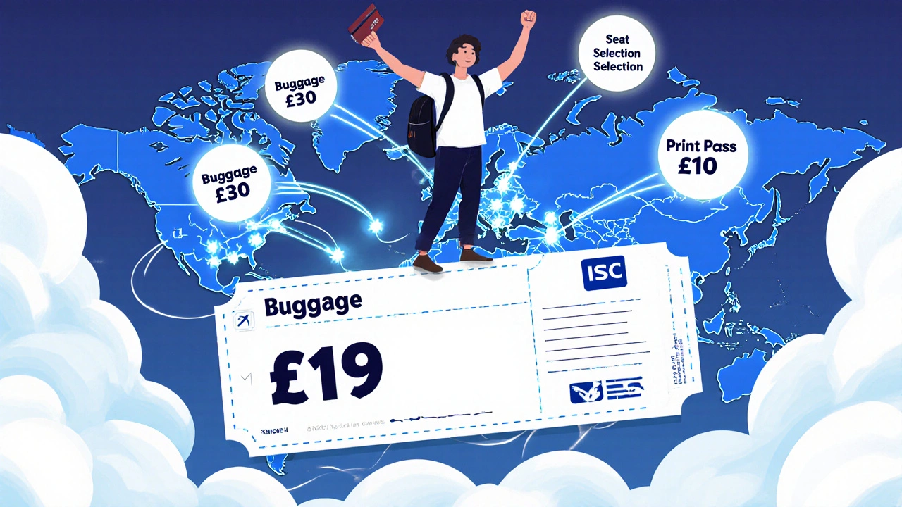 Student standing on a £19 flight ticket, dodging hidden fees like baggage and seat charges in comic book style.