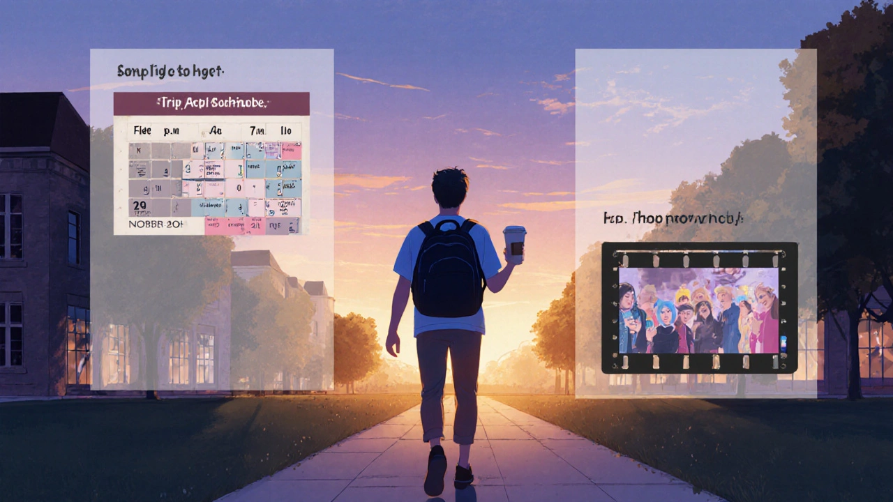 Student walking campus at dusk with transparent schedule overlays showing work, study, and social time.