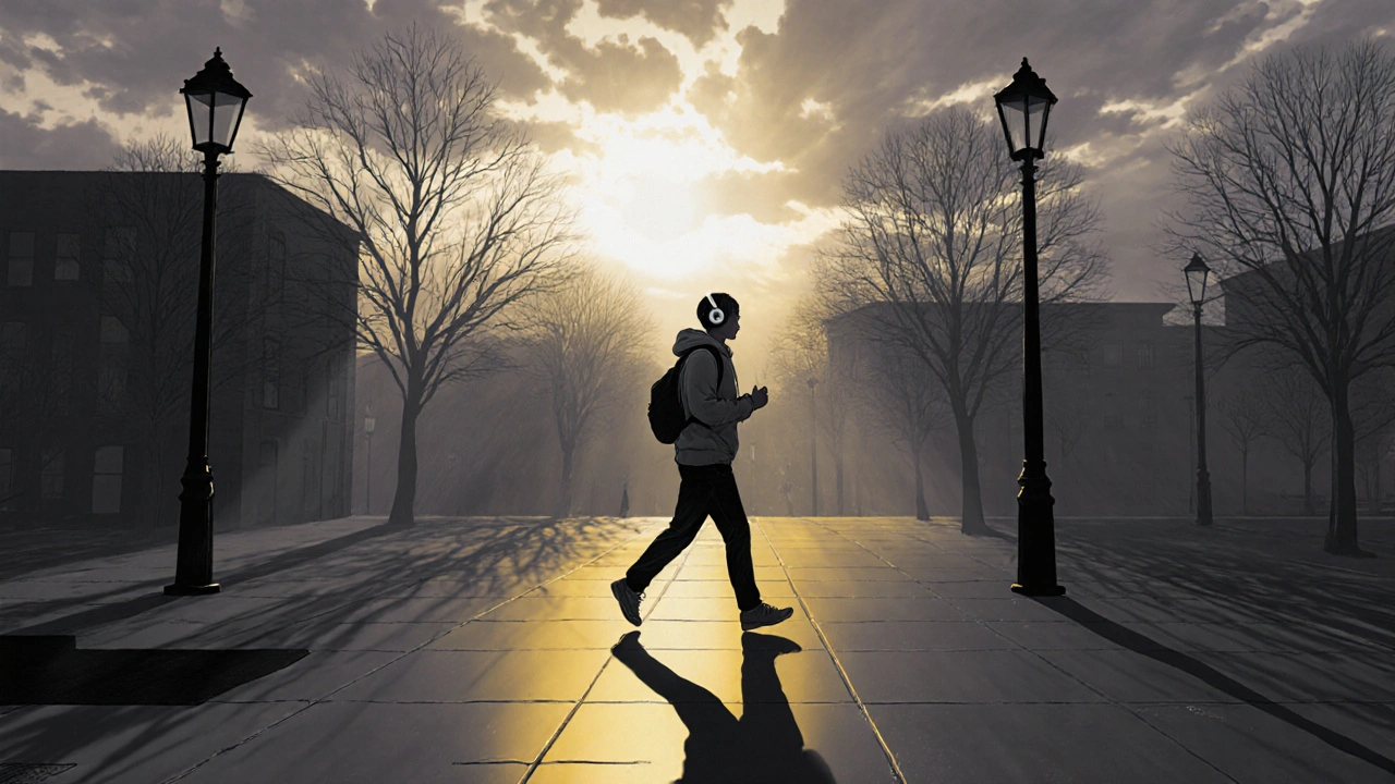 Student walking through a misty university quad at dawn, seeking natural light.