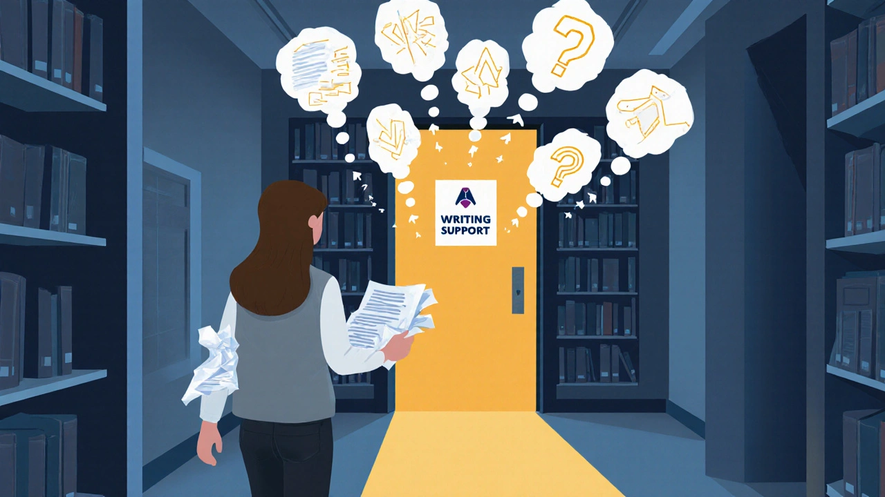 Student walking toward a writing support room with glowing light and thought bubbles.