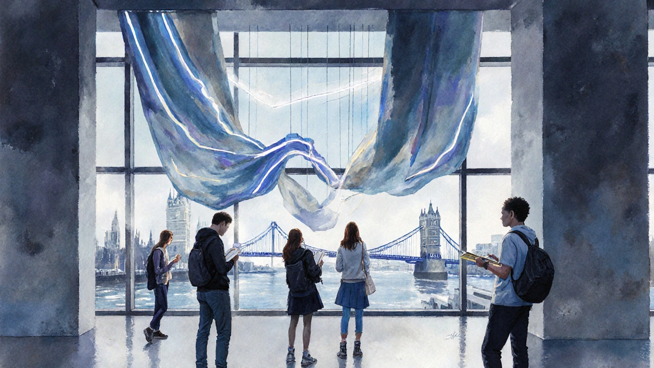 Students admiring a contemporary art installation at Tate Modern with views of the Thames through large windows.