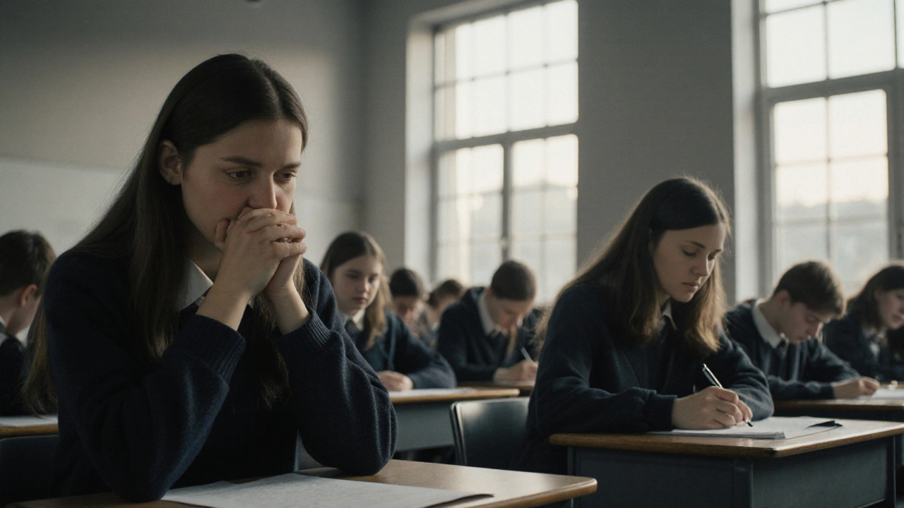 Students in a silent exam hall, showing signs of anxiety before a test.