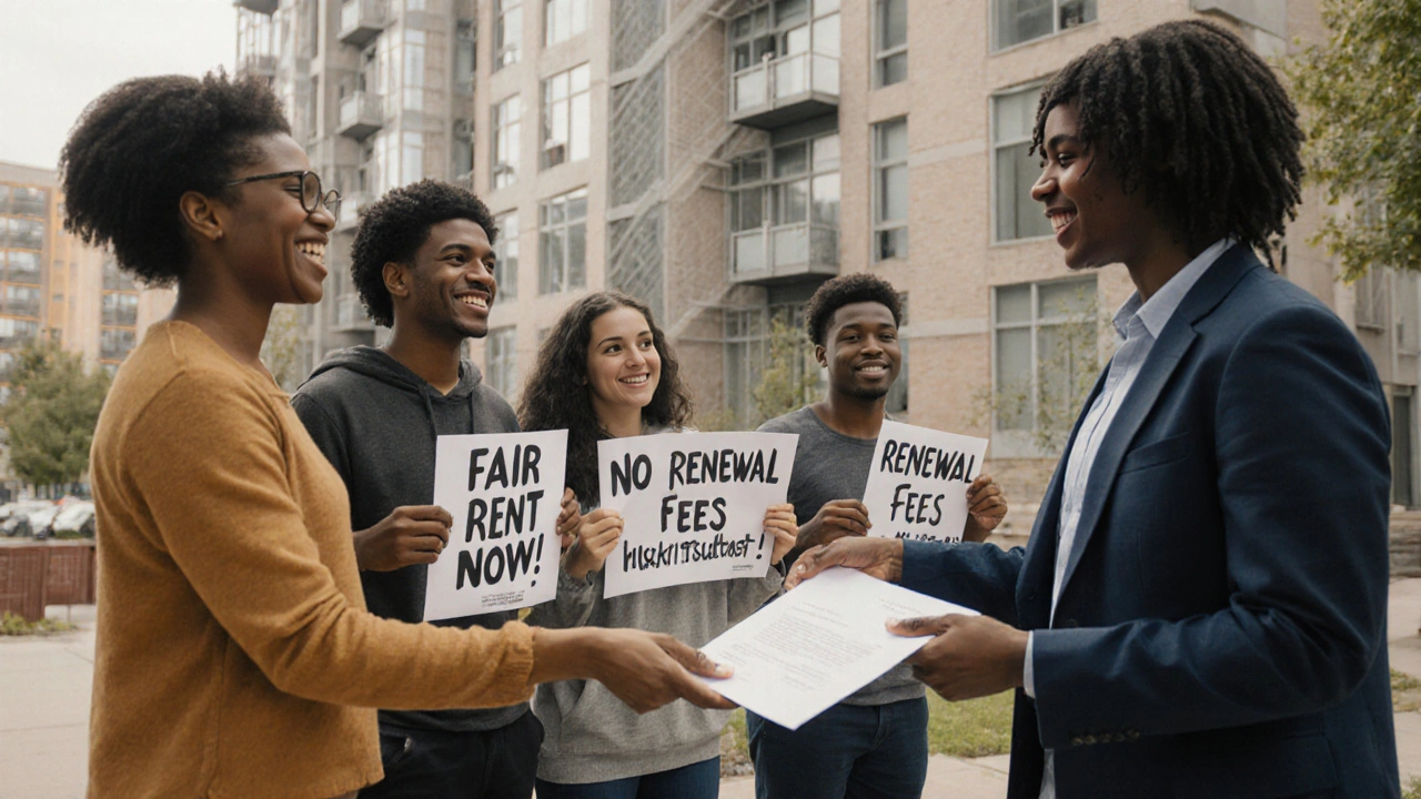 Students protesting outside student housing with signs demanding fair rent.