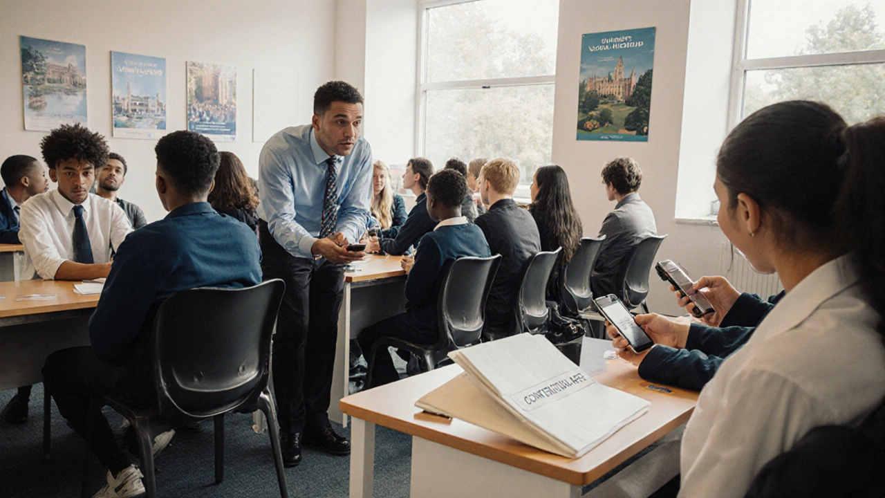 Students wait nervously in a university admissions office as an officer speaks with one applicant.