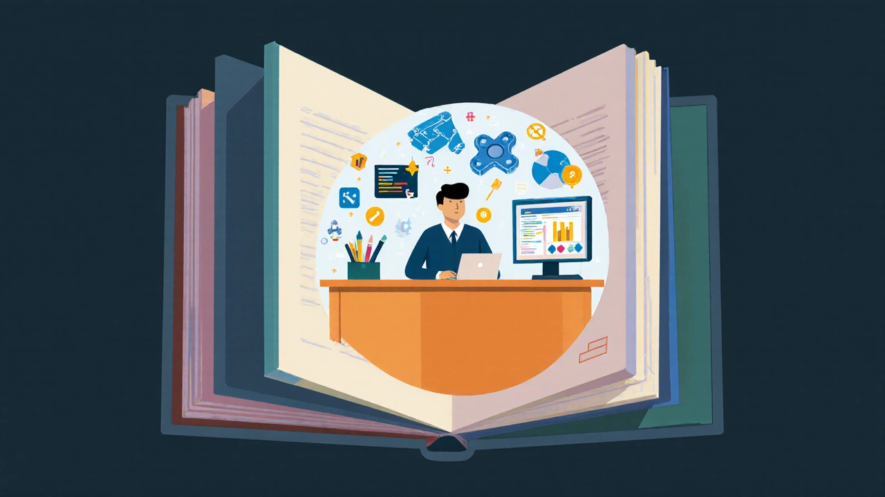 Symbolic sandwich with academic books and workplace icons representing a placement year.