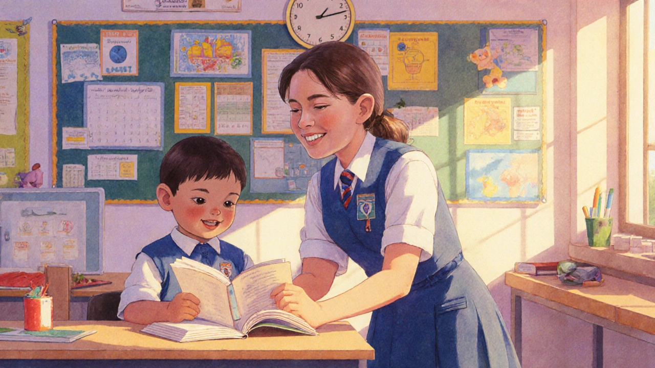 Teaching apprentice helping a child read, surrounded by educational posters in warm light.