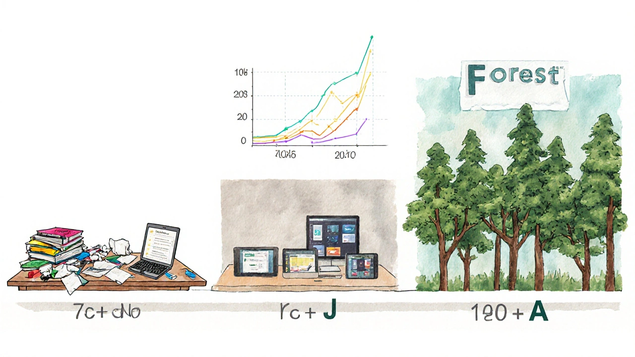 Time-lapse of student’s study space transforming from cluttered to organized with virtual forest growing