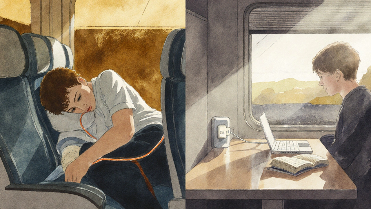 Two contrasting travel scenes: cramped coach seat vs. spacious train carriage with laptop and sunlight.