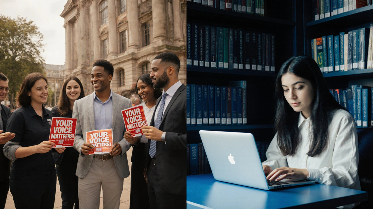 University staff offering pizza to students while an international student sits alone with an unfinished survey.