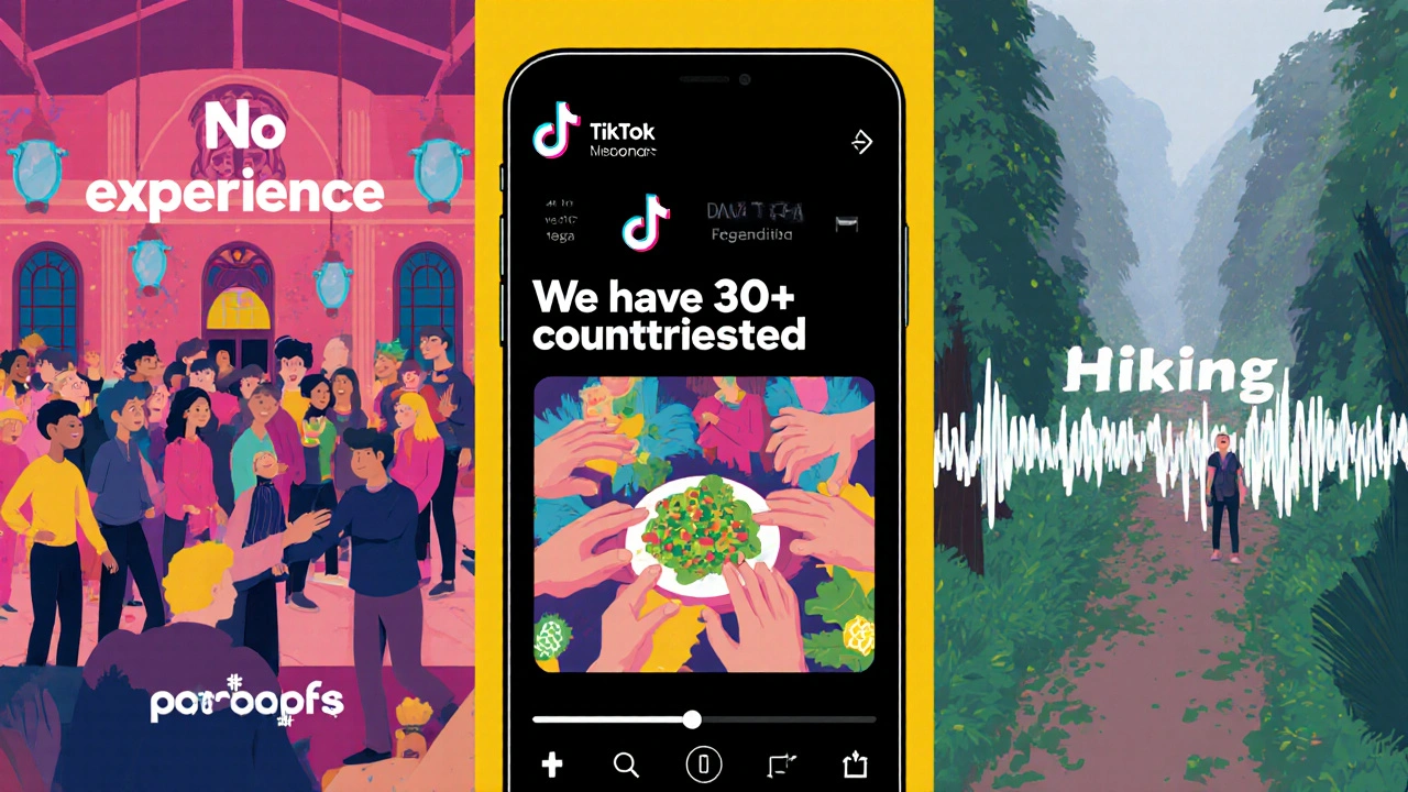 Vibrant TikTok-style montage of student society activities with text overlays showing inclusivity and no experience needed.