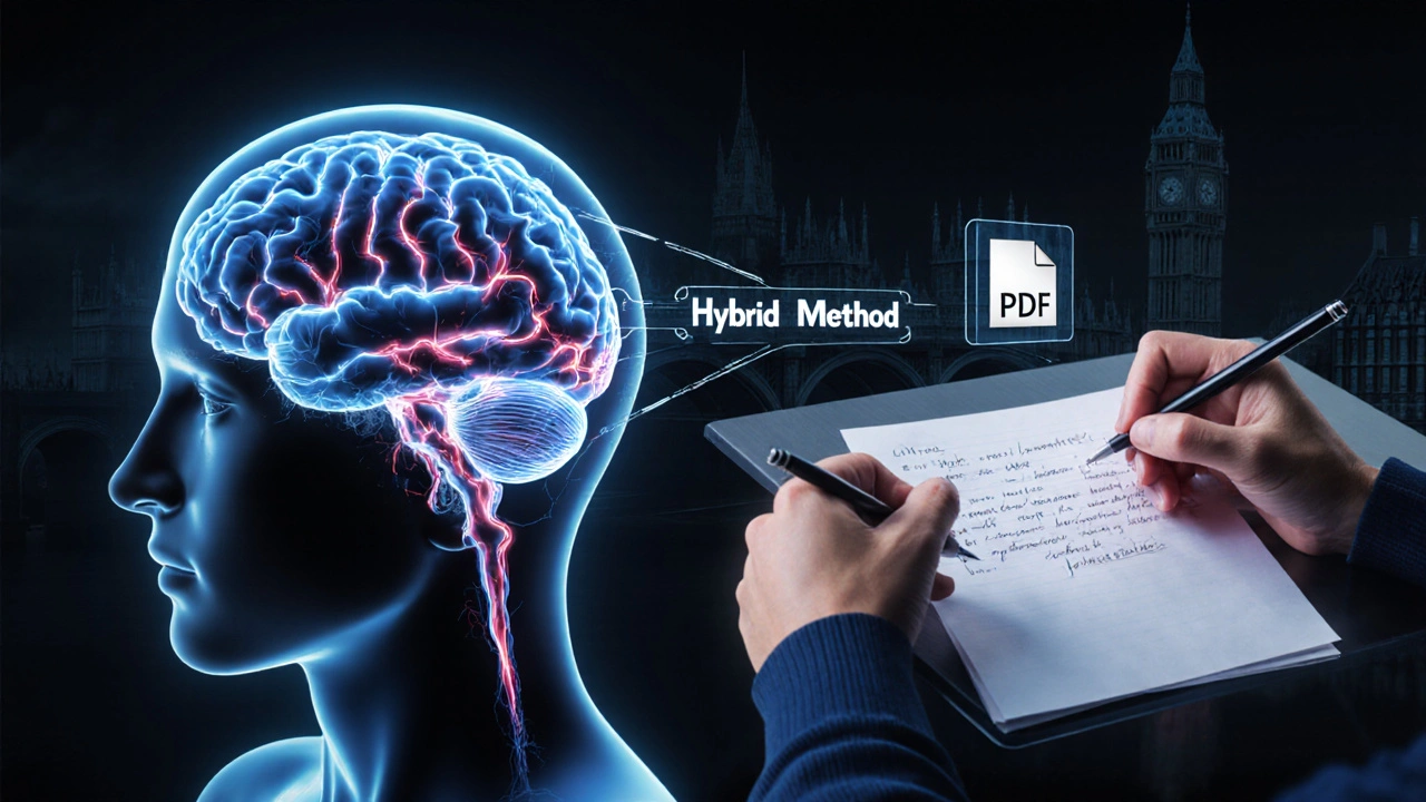 A brain illustration showing active learning pathways from handwriting versus passive typing, connected by a hybrid method bridge.