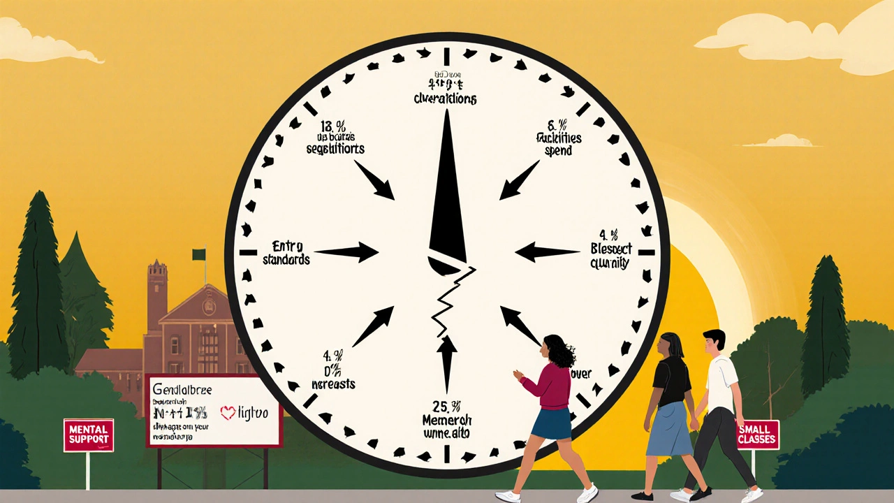 A broken compass with nine metric arrows pointing randomly, while students walk toward campus support signs.