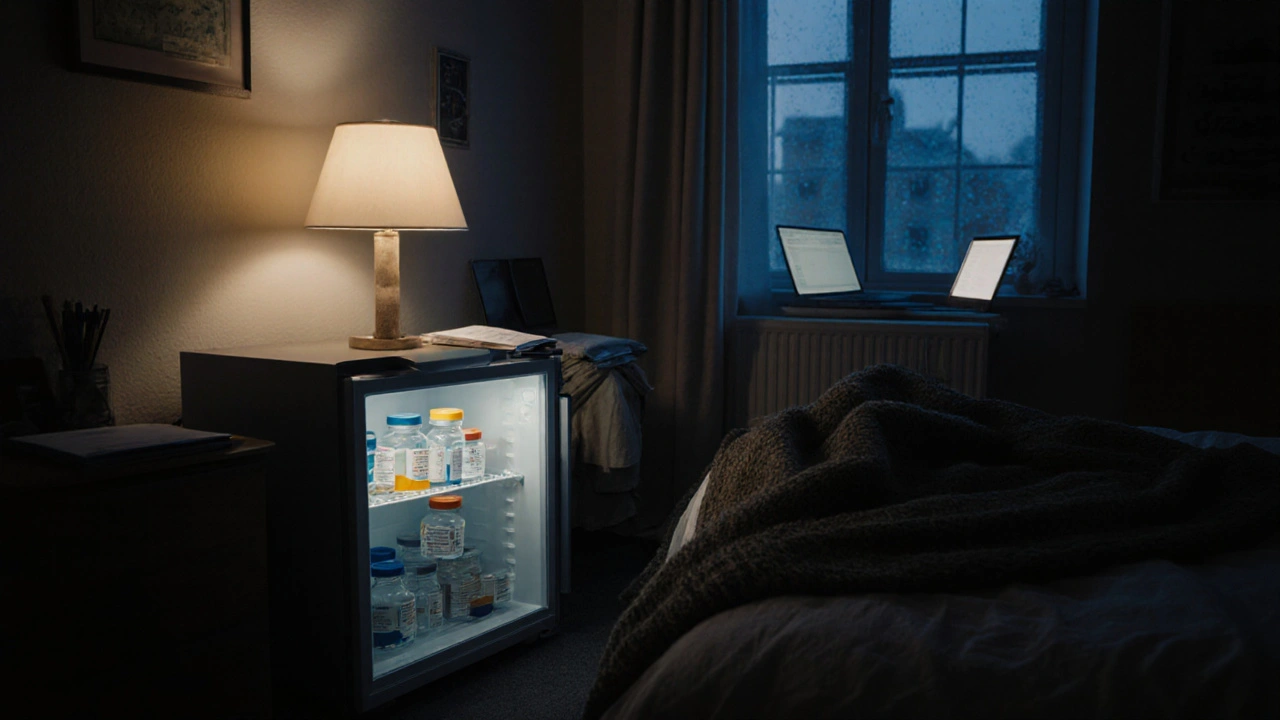 A dorm room with insulin stored in a personal fridge, glucose tablets, and a heater, showing preparedness for diabetes management.