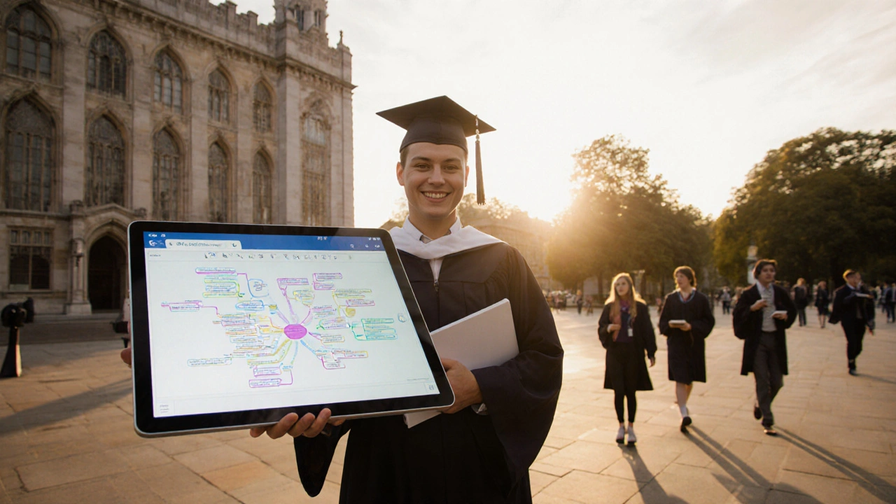 A graduate holds a degree certificate with assistive tech visible, symbolizing academic success.