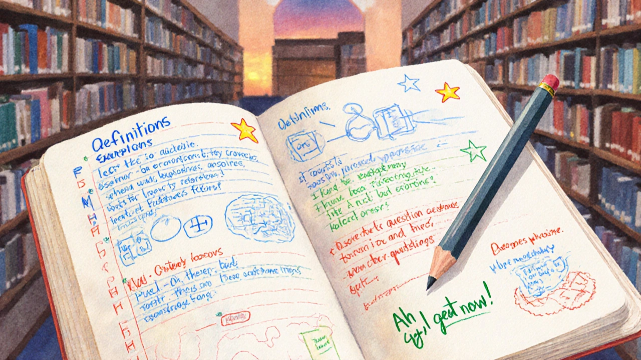 A handwritten notebook with colored pencils, diagrams, and a personal note saying &#039;Ah, I get it now&#039; in a quiet library.
