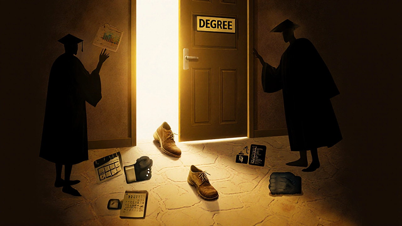 A person stepping from an academic door into a path of real-world skills and achievements.