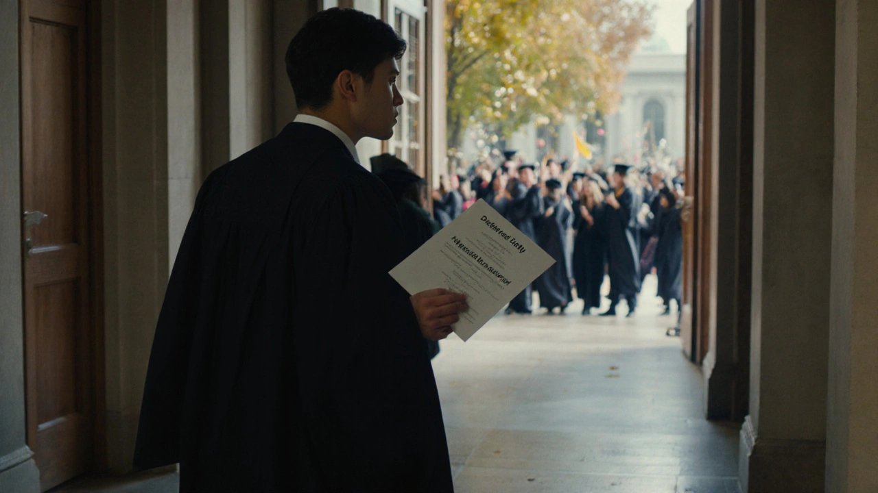 A person walking down a university corridor with a deferred entry letter, watching graduates celebrate outside.