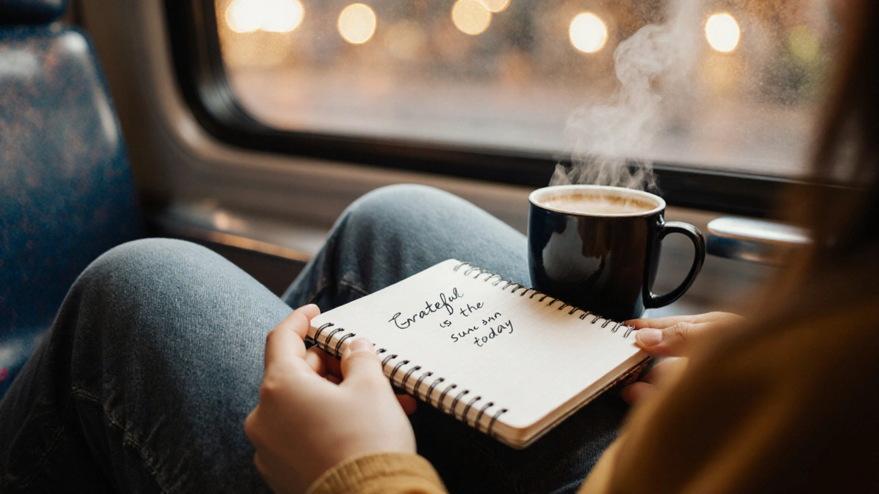 A small notebook open on a train seat with a handwritten note of gratitude beside a coffee cup, city lights blurred outside.