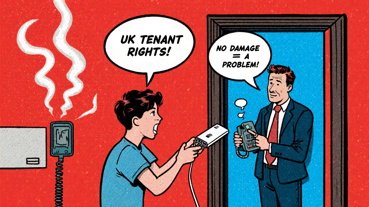 A student installing a new Wi-Fi router while a confused landlord looks on, in bold comic book style with text bubbles about tenant rights.