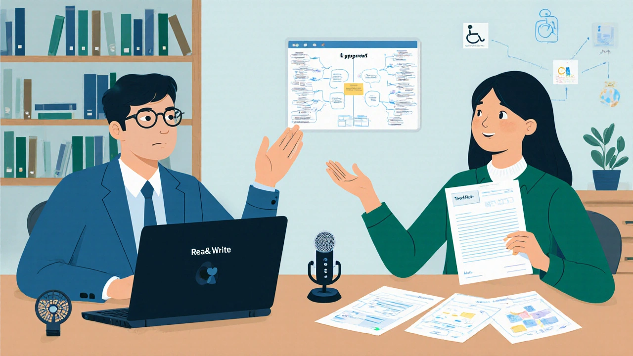 A student meets with a specialist in a university office, reviewing assistive tools and a DSA letter.