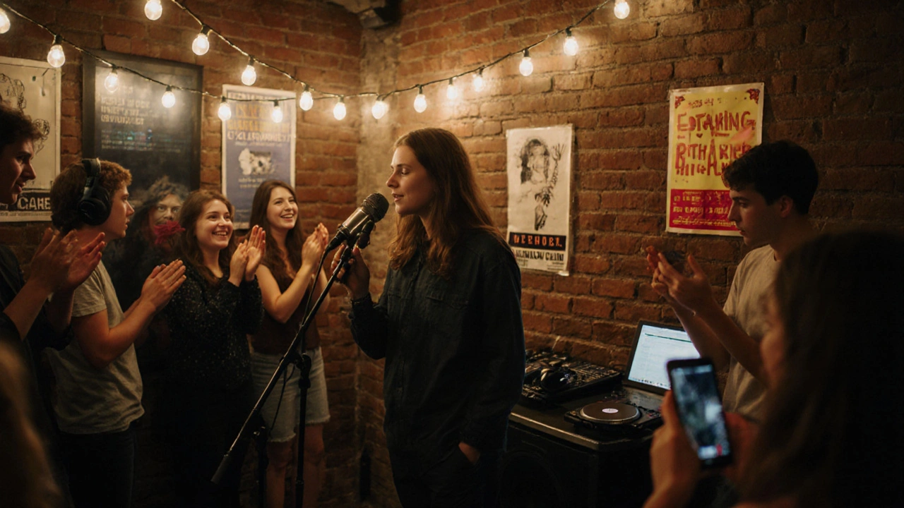 A student performing at an open mic night surrounded by friends under fairy lights.