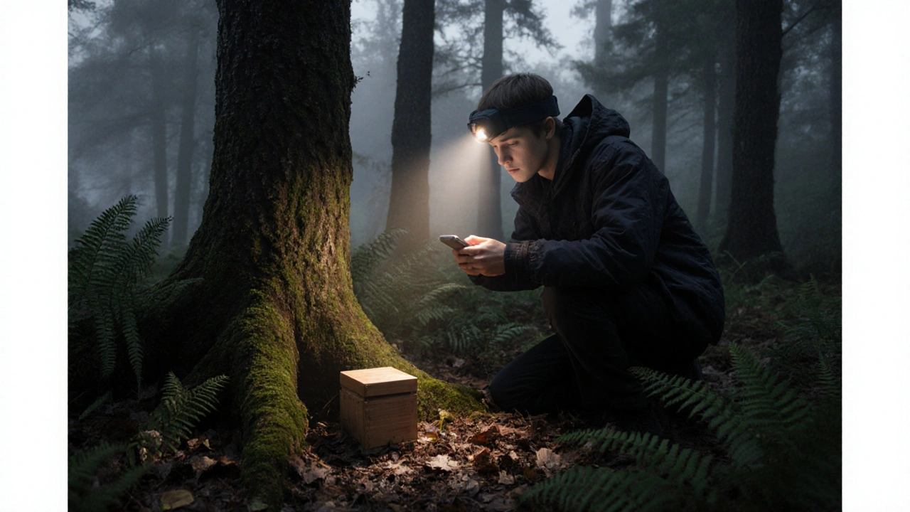 A student searching for a hidden cache in a misty forest at dusk.