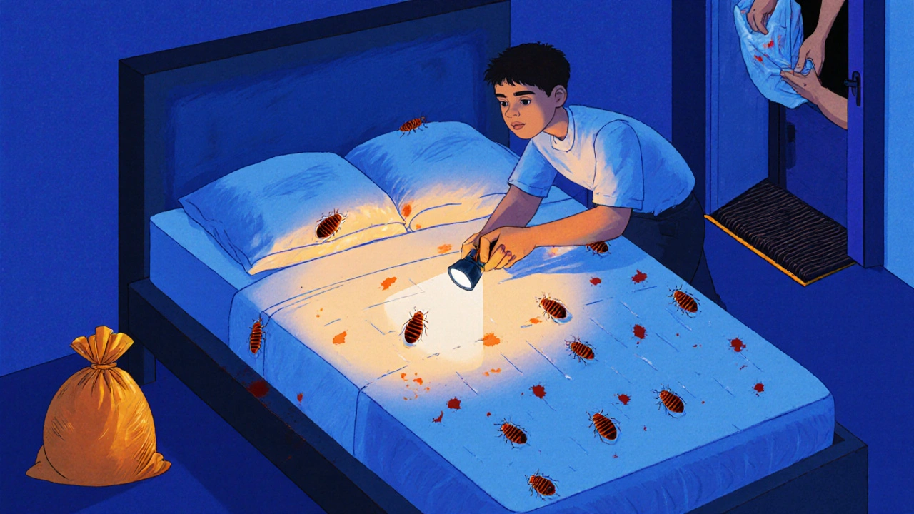 A student shines a light under a bed to reveal bed bugs on mattress seams with a sealed cover nearby.