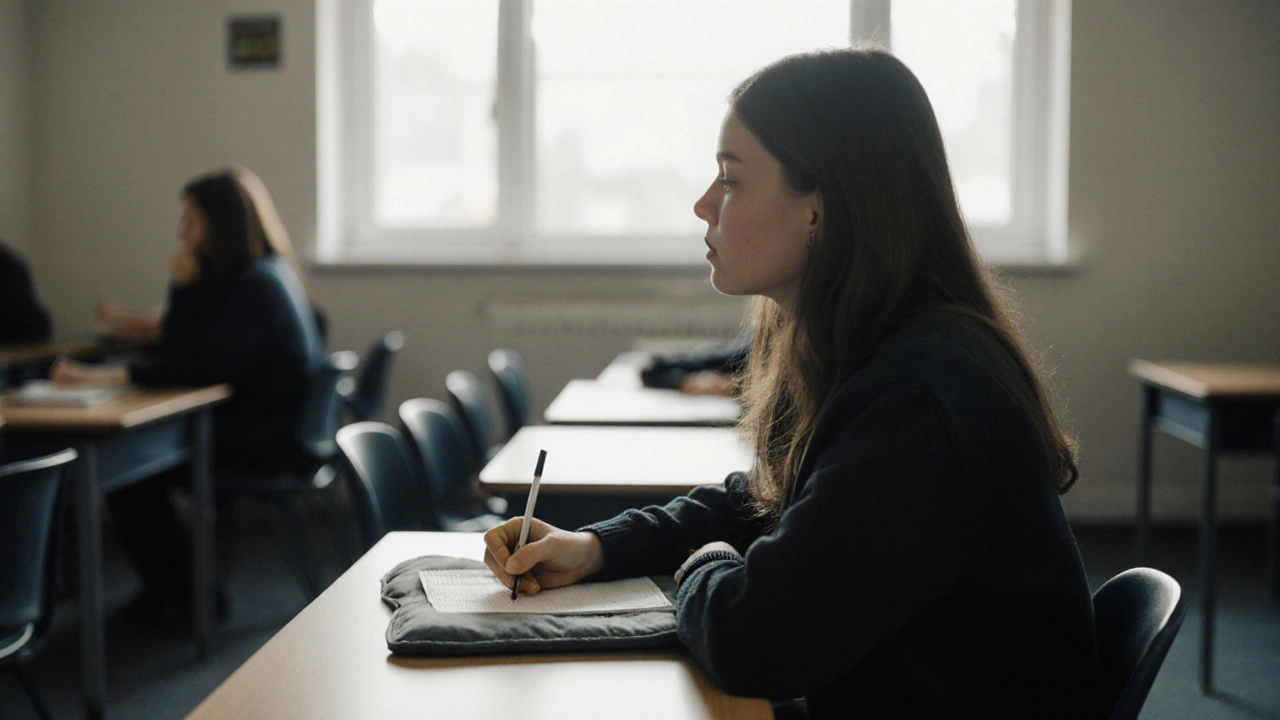 A student taking an exam in a quiet room with a heating pad, receiving approved accommodations for sickle cell disease.