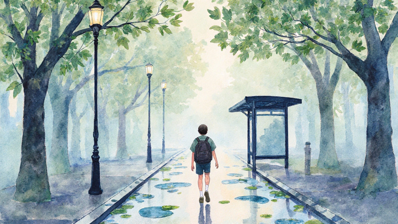 A student walking to the bus, visualizing urban surroundings as a peaceful forest with imagined leaves and branches.