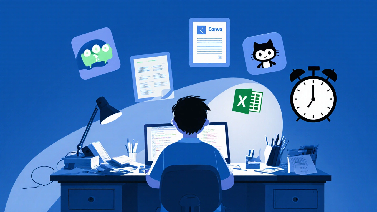 A student working late at night with digital skill icons floating around their desk.