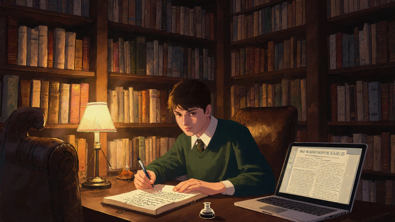 A student writing in a library surrounded by books on history and literature.