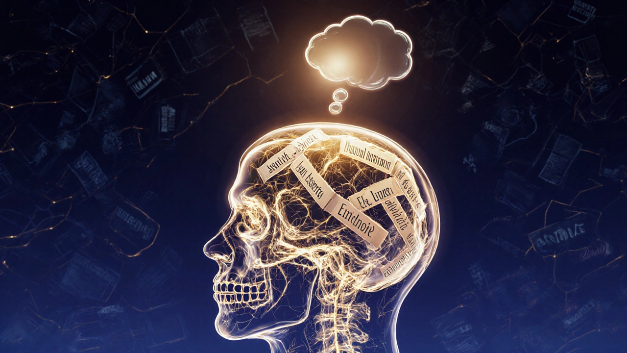 A transparent skull filled with interconnected academic ideas transforming into a single clear thought.