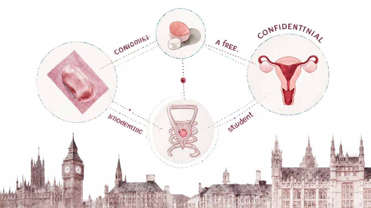 Abstract watercolor symbols of contraception and cervical health connected by words: free, confidential, student-friendly.