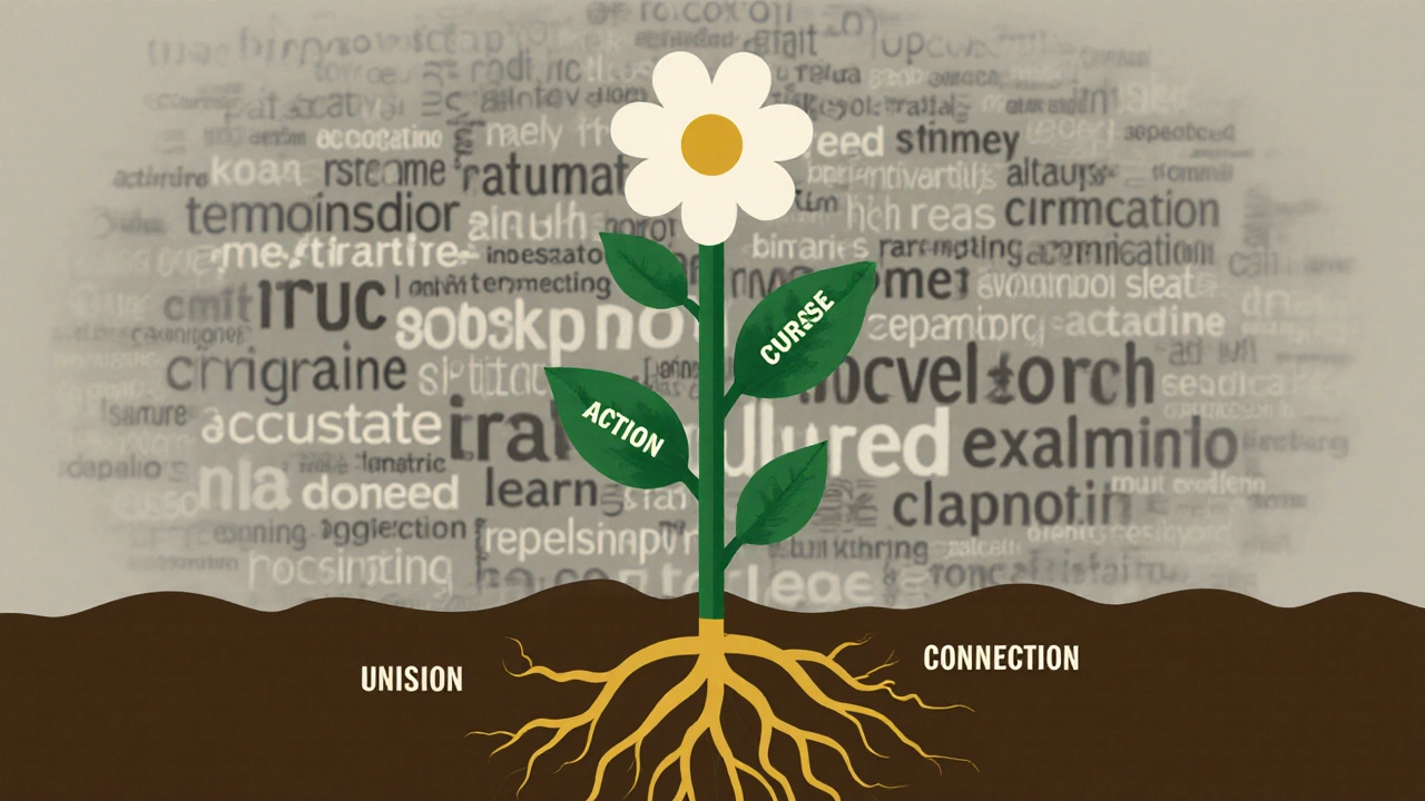 An abstract plant growing from specific experiences into course connections, with generic clichés fading in the background.