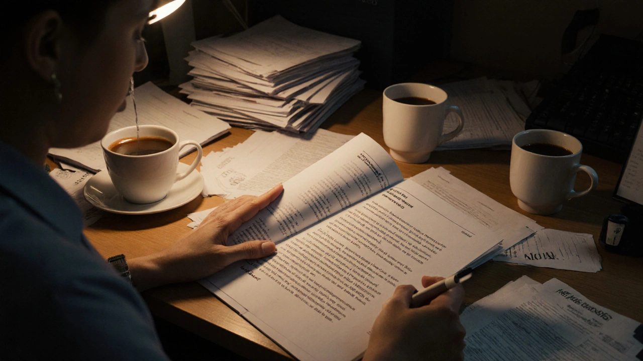 An admissions officer reading a personal statement under a lamp, with other generic applications piled nearby.