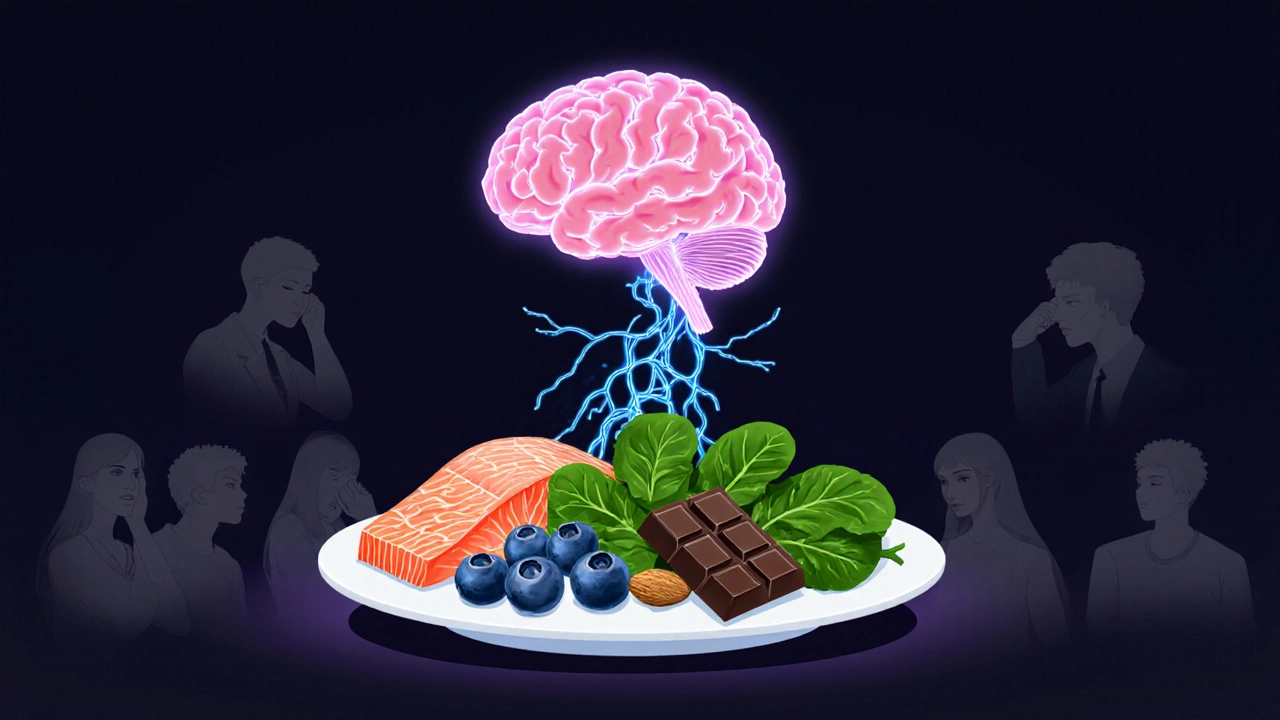 Brain connected by light to healthy foods like salmon, spinach, blueberries, and dark chocolate.