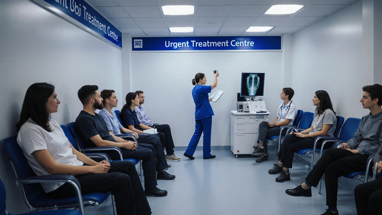 Busy walk-in centre with nurse checking patient&#039;s temperature in the evening.