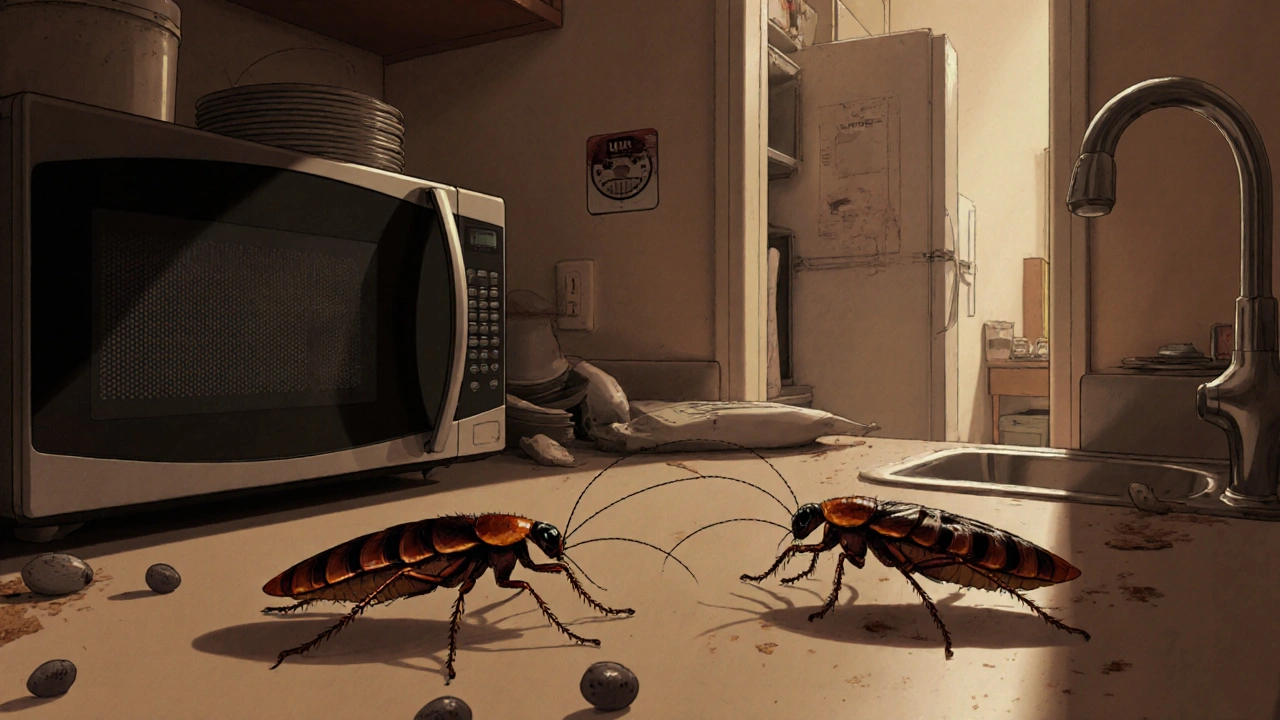 Cockroaches near a sink and microwave in a messy student flat with bait stations hidden behind appliances.