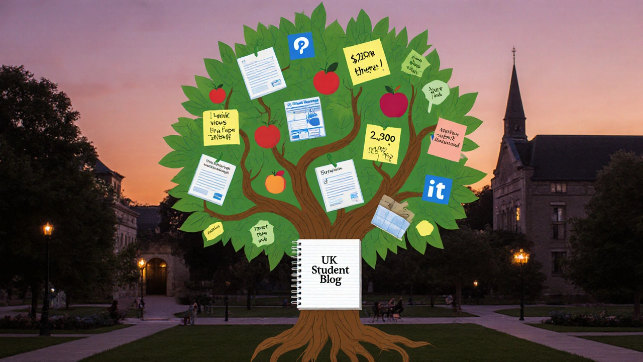 Conceptual tree growing from a student blog notebook, with email and social media roots and labeled fruit.