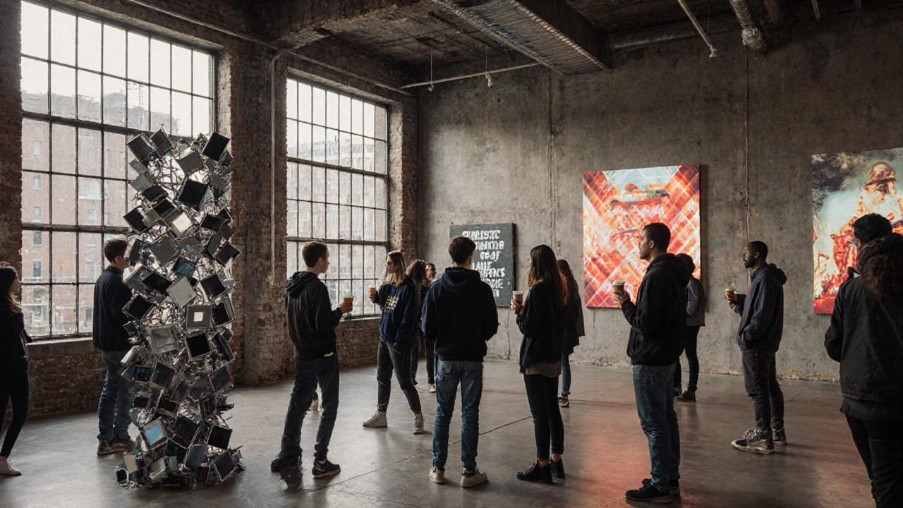 Crowd exploring a warehouse art exhibition with digital projections and recycled material sculptures.