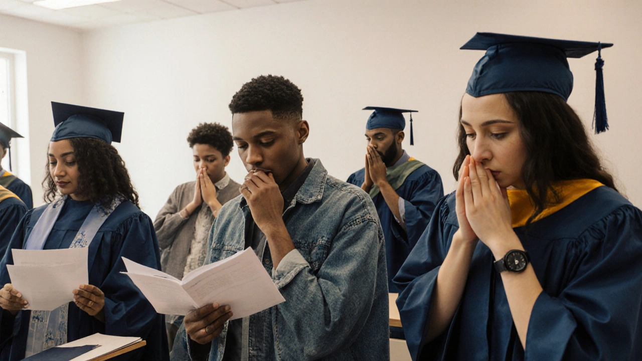 Diverse graduates preparing for psychometric tests in a quiet room, focused and calm.
