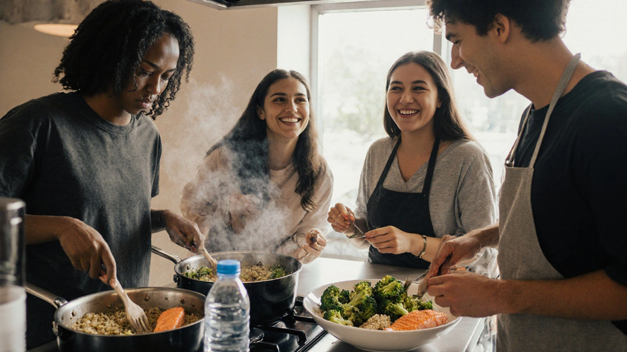 Diverse students cooking salmon and quinoa together in a campus kitchen with water bottles nearby.