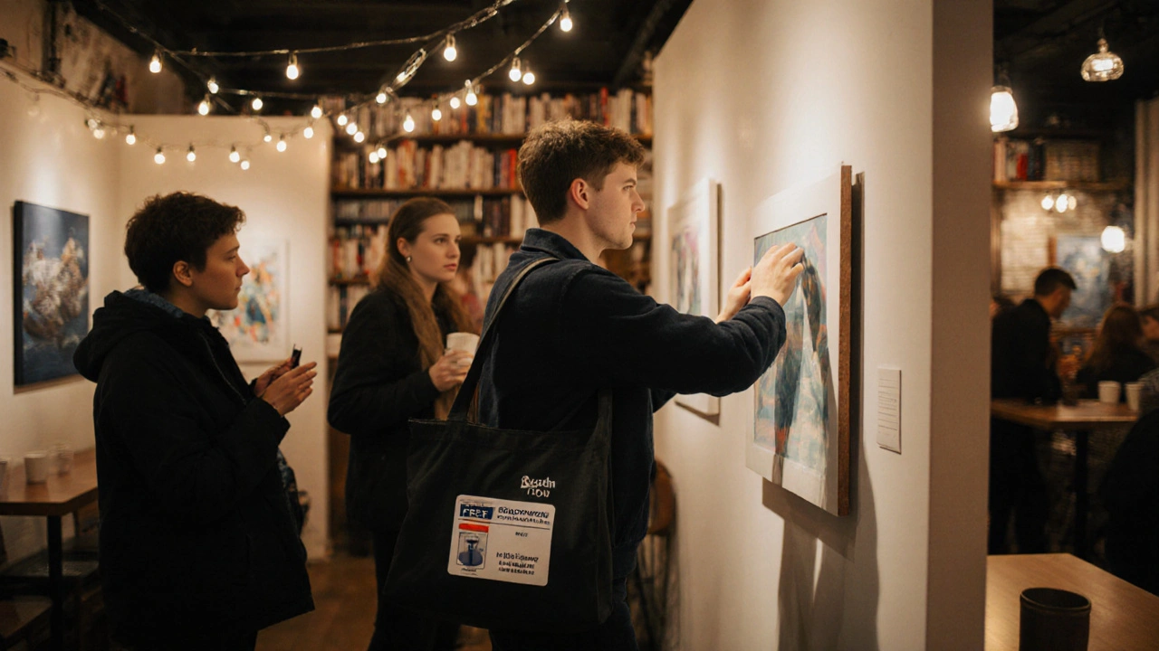 First-year student installing art in a café gallery as visitors observe quietly.