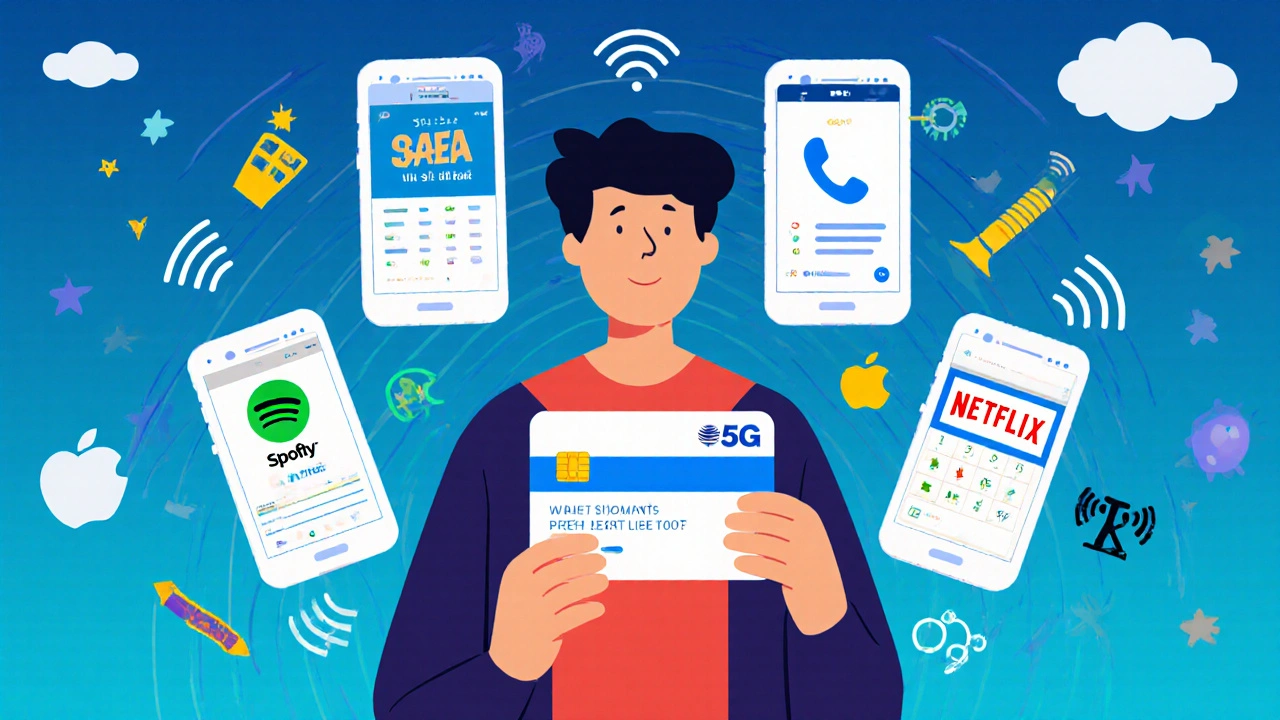 Five student phone plans with icons for data, calls, streaming, and 5G around a student ID card.