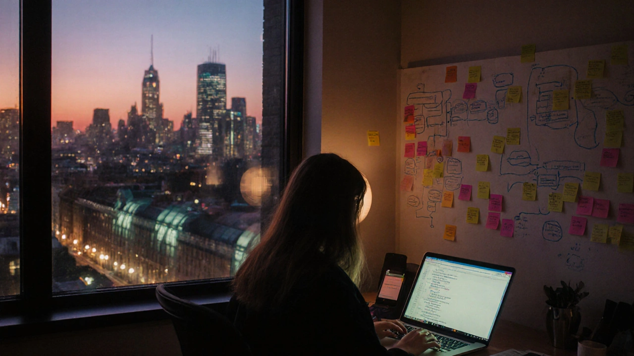 Former art history graduate coding a mobile app in a London co-working space at dusk.