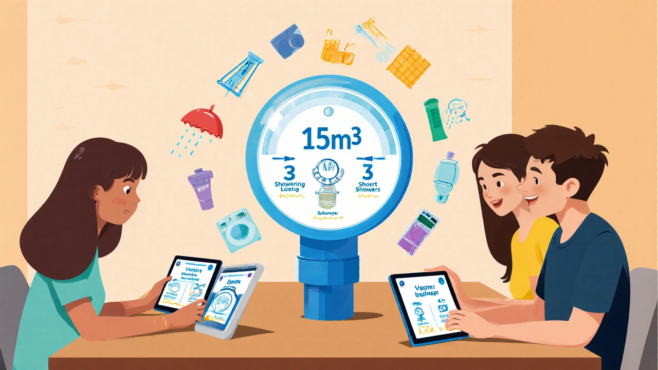Four students at a table with a central water meter showing individual usage levels via tablet screens and icons.