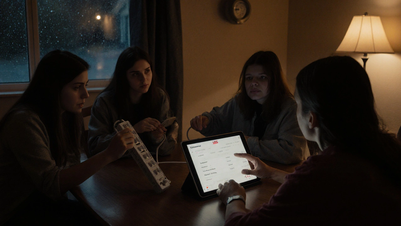 Four students reviewing utility costs on a tablet at a shared table